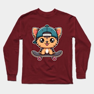 Kawaii Yorkshire Terrier Puppy Skater Cute Skating Dog Long Sleeve T-Shirt